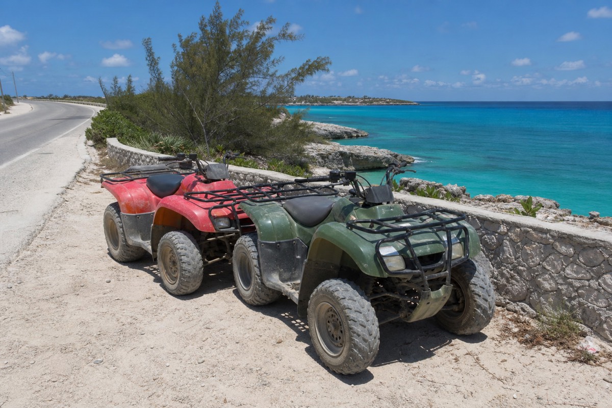 An ATV on a coastal road outside Nassau with the sea and palms on one side