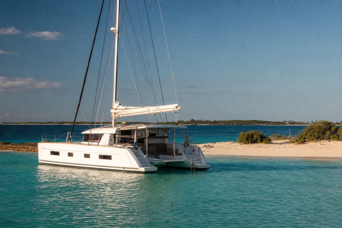 A catamaran anchored off a cay near Nassau