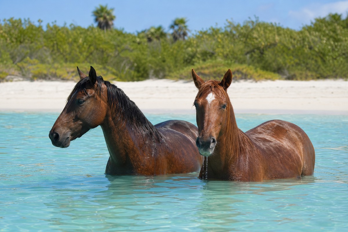 Horses standing in the shallows on a New Providence beach