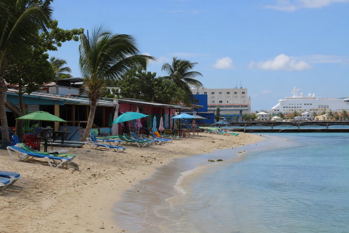 Pale sand and shallow blue water at Junkanoo Beach with beach bars along the shore