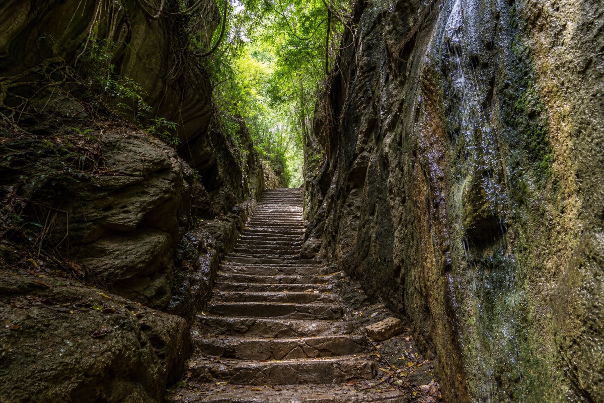 The shaded limestone cut of the Queen's Staircase climbing away from downtown Nassau