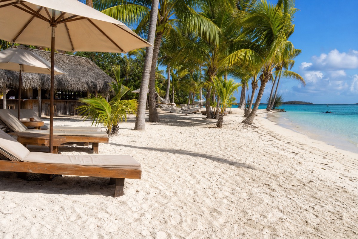 Loungers and shade at a beach club on Rose Island, east of Paradise Island