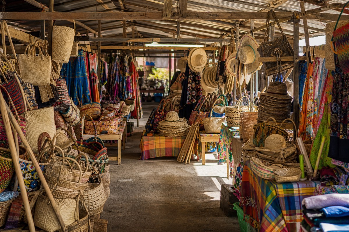 Straw goods and craft stalls at the Straw Market on Bay Street in Nassau